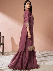 Floral Yoke Design Regular Chanderi Cotton Kurta with Palazzos & Dupatta - Inddus.com