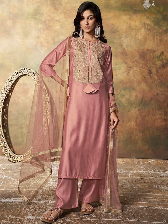 Floral Yoke Design Regular Pure Silk Kurta With Palazzos & Dupatta - Inddus.com