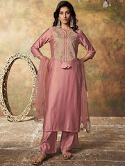 Floral Yoke Design Regular Pure Silk Kurta With Palazzos & Dupatta - Inddus.com