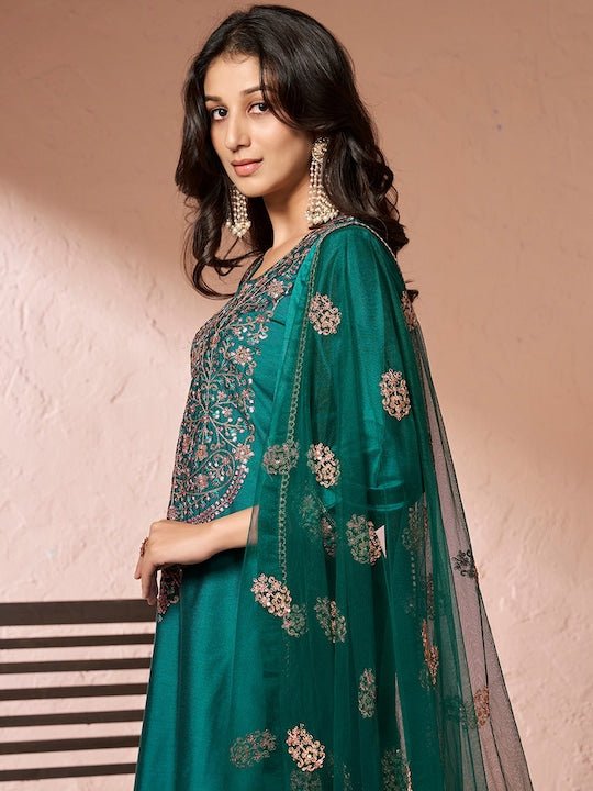 Floral Yoke Design Regular Pure Silk Kurta with Trousers & Dupatta - Inddus.com
