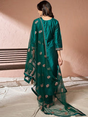 Floral Yoke Design Regular Pure Silk Kurta with Trousers & Dupatta - Inddus.com