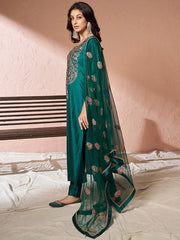 Floral Yoke Design Regular Pure Silk Kurta with Trousers & Dupatta - Inddus.com