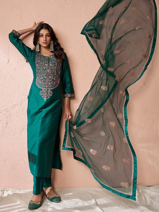 Floral Yoke Design Regular Pure Silk Kurta with Trousers & Dupatta - Inddus.com