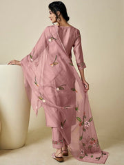 Floral Yoke Design Regular Thread Work Pure Silk Kurta With Trousers & With Dupatta - Inddus.com