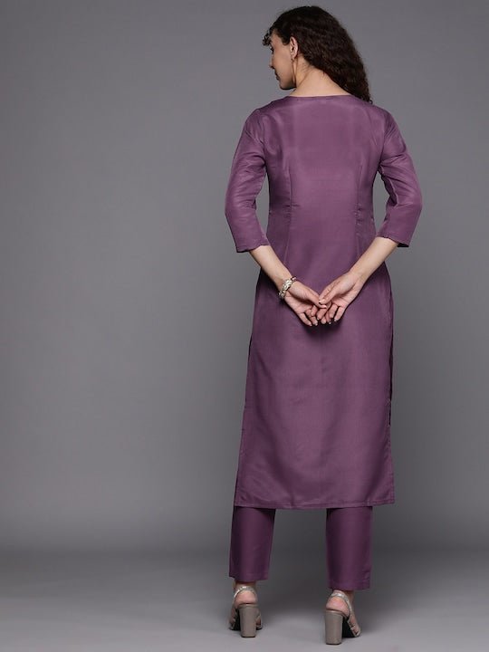 Floral Yoke Design Thread Work Kurta with Trousers - Inddus.com