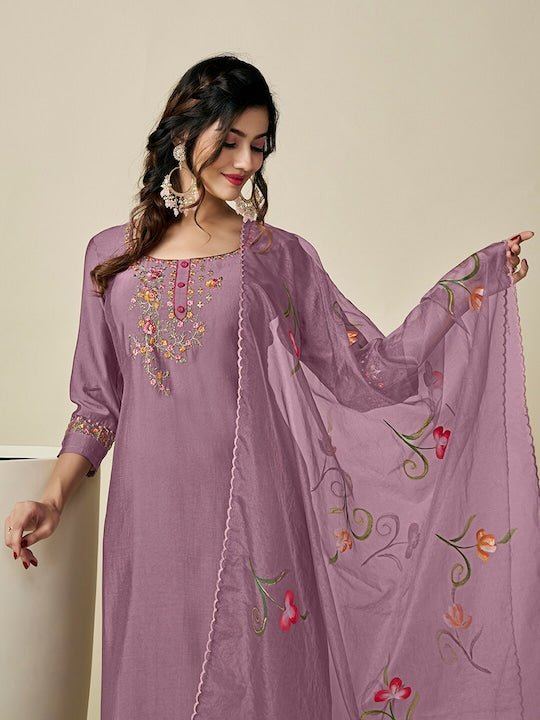 Floral Yoke Design Thread Work Pure Silk Kurta with Trousers & With Dupatta - Inddus.com