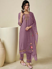 Floral Yoke Design Thread Work Pure Silk Kurta with Trousers & With Dupatta - Inddus.com