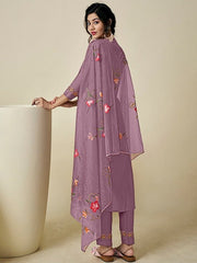 Floral Yoke Design Thread Work Pure Silk Kurta with Trousers & With Dupatta - Inddus.com