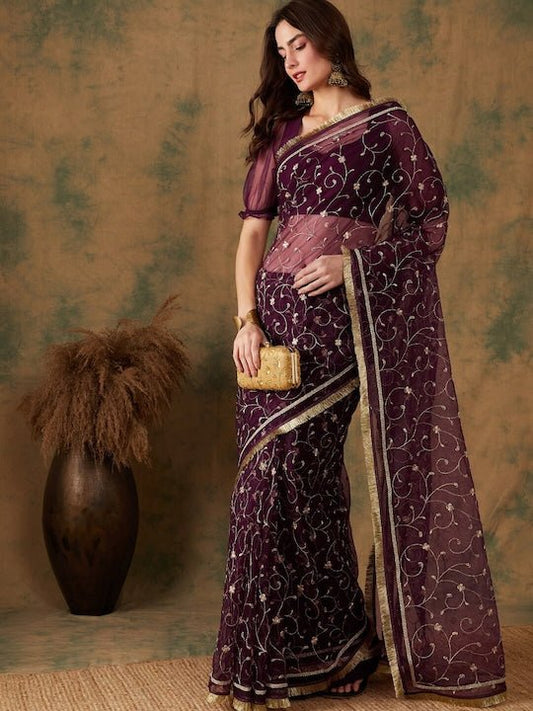 Floral Zari Jaal Embroidered Sarees