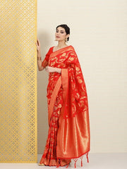 Floral Zari Pure Silk Banarasi Saree - Inddus.com