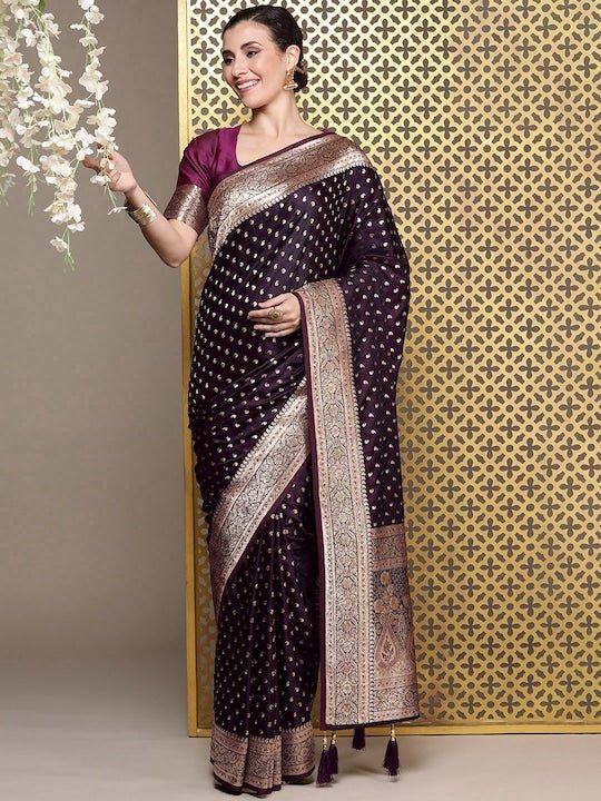 Floral Zari Silk Blend Banarasi Saree - Inddus.com