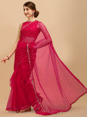 Fuchsia Embellished Sequinned Net Saree With Blouse Piece - Inddus.com