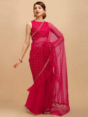Fuchsia Embellished Sequinned Net Saree With Blouse Piece - Inddus.com