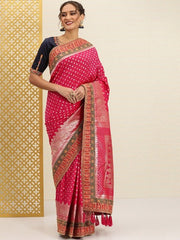 Fuchsia Pink & Silver Ethnic Motifs Sequinned Jashn Banarasi Saree - Inddus.com