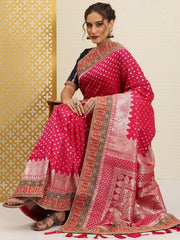 Fuchsia Pink & Silver Ethnic Motifs Sequinned Jashn Banarasi Saree - Inddus.com