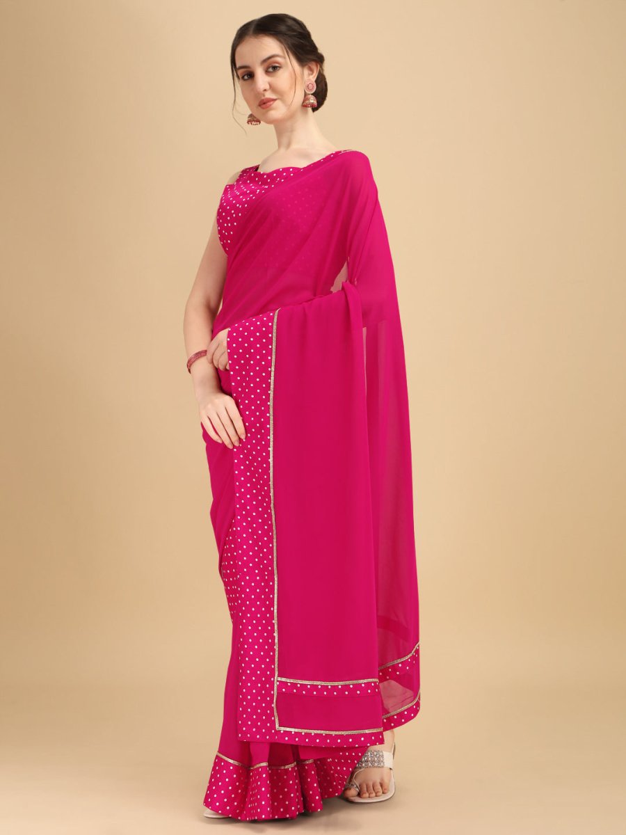Fuchsia & White Polka Dots Printed Saree - Inddus.com