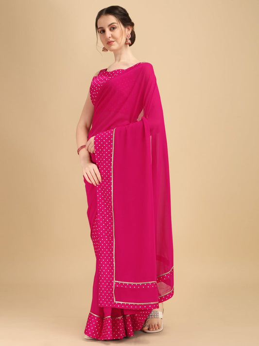 Fuchsia & White Polka Dots Printed Saree - Inddus.com