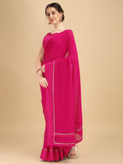 Fuchsia & White Polka Dots Printed Saree - Inddus.com