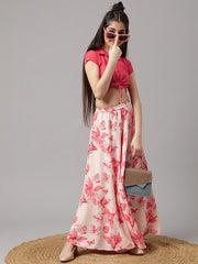 Girls Peach-Coloured & Cream-Coloured Ready to Wear Lehenga & Choli - Inddus.com