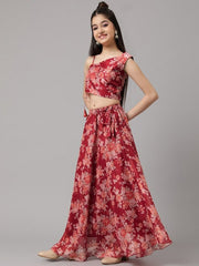 Girls Red & Peach-Coloured Floral Printed Ready to Wear Lehenga & Choli - Inddus.com