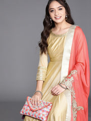 Gold Anarkali Kurta with Pink Dupatta - Inddus.com