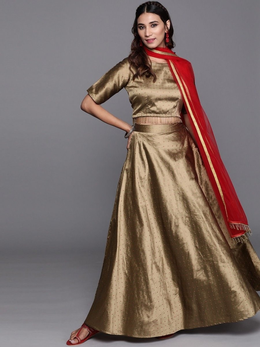Gold Silk Blend Self-Design Lehenga Choli - inddus-us