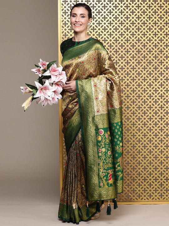 Gold Toned And Green Floral Zari Silk Blend Banarasi Saree - Inddus.com