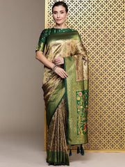 Gold Toned And Green Floral Zari Silk Blend Banarasi Saree - Inddus.com