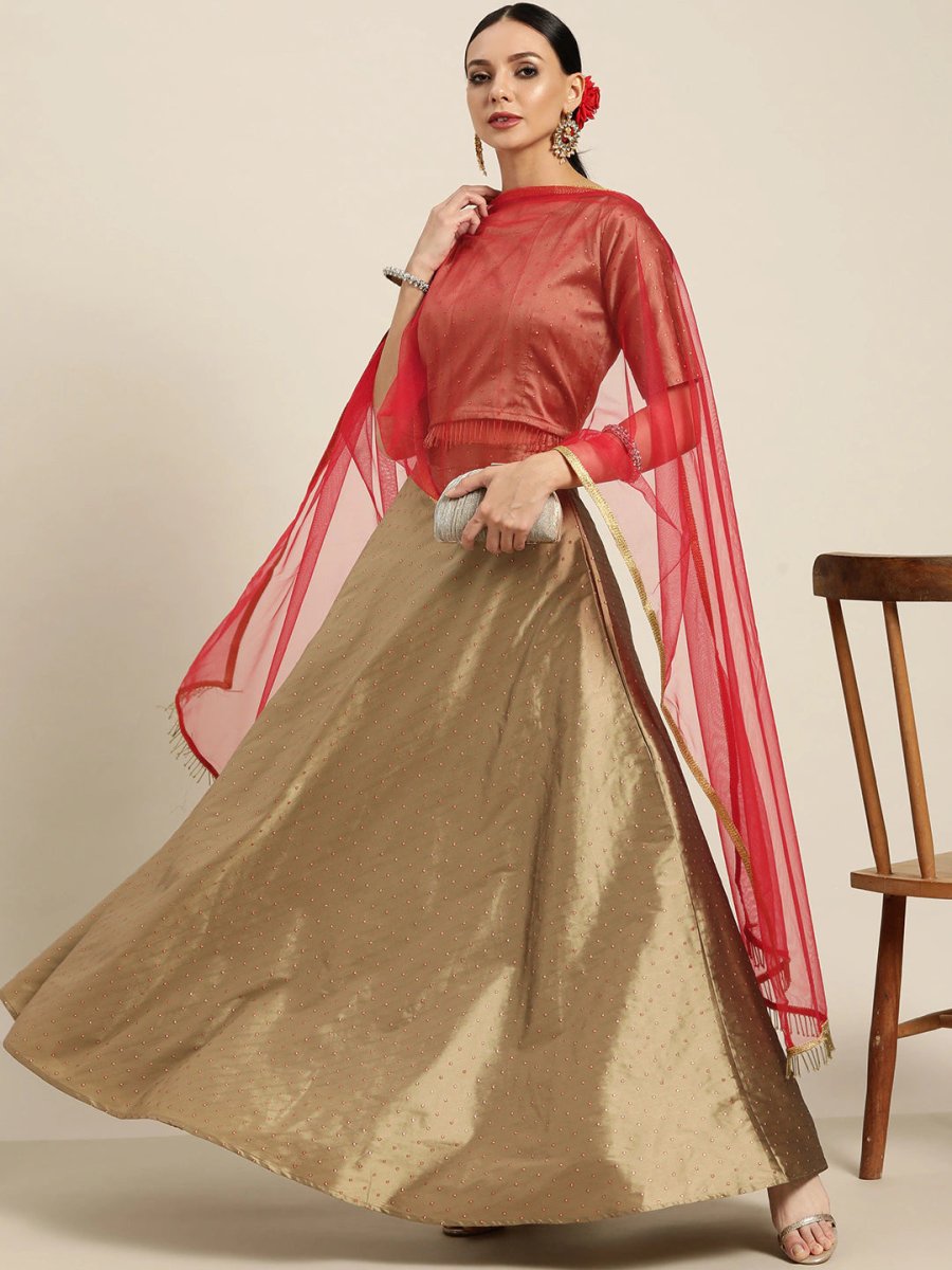 Gold-Toned & Red Ready to Wear Lehenga & Blouse With Dupatta - Inddus.com