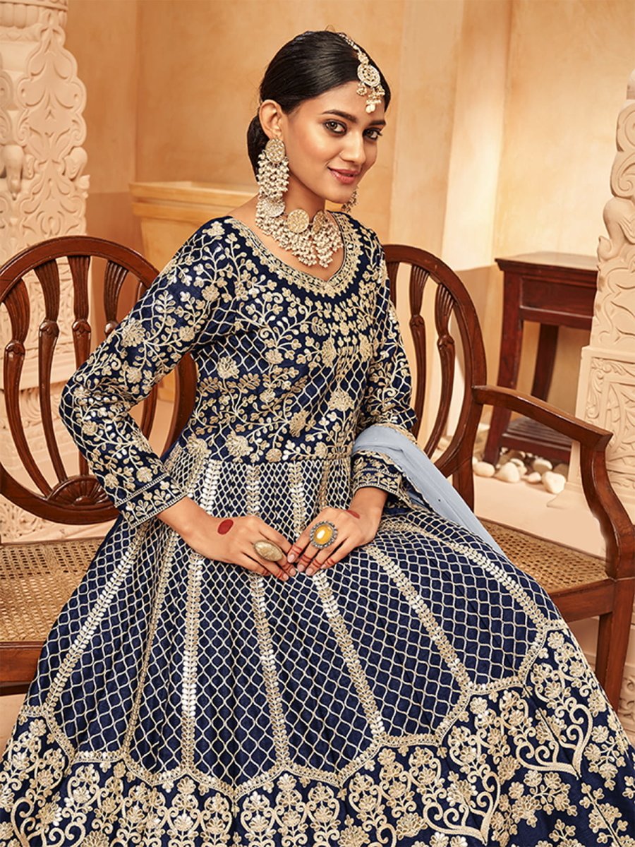 Gratifying Navy Blue Art Silk Wedding Gown - Inddus.com