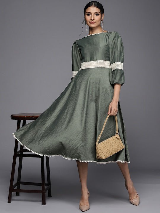 Green A-Line Midi Dress - Inddus.com