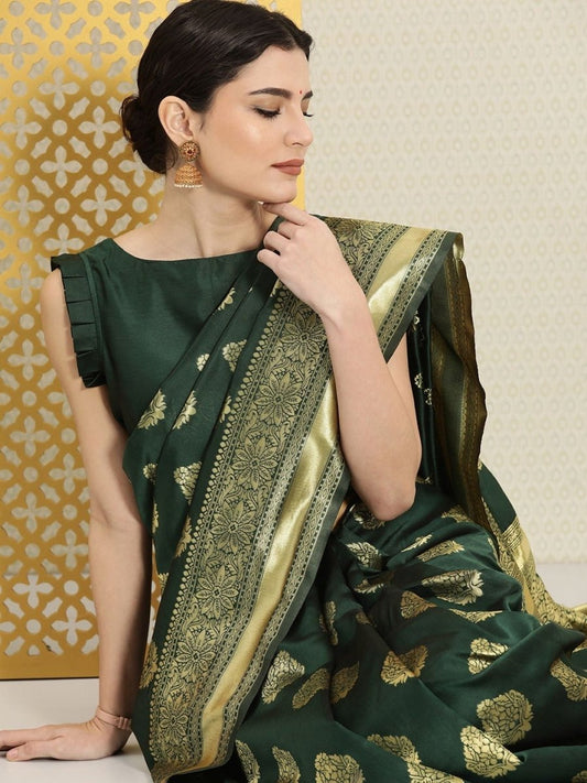 Green and Gold Ethnic Motifs Zari Woven Traditional Saree - Inddus.com