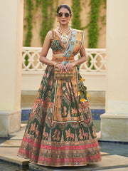 Green And Gold Sequence Embroidered Lehenga Choli - Inddus.com