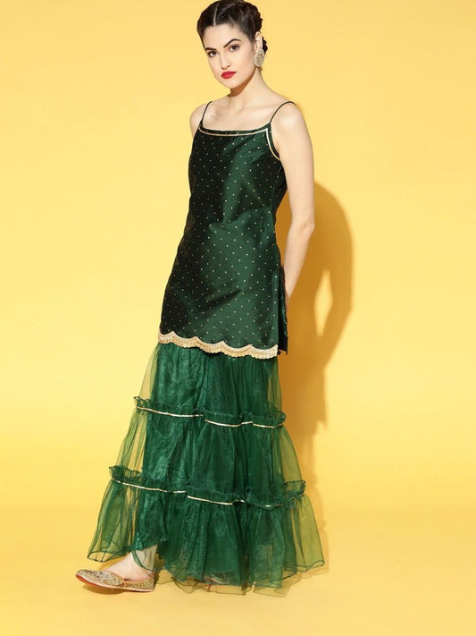 Green and Gold Woven Gotta Patti Kurta with Sharara and Net Dupatta - Inddus.com
