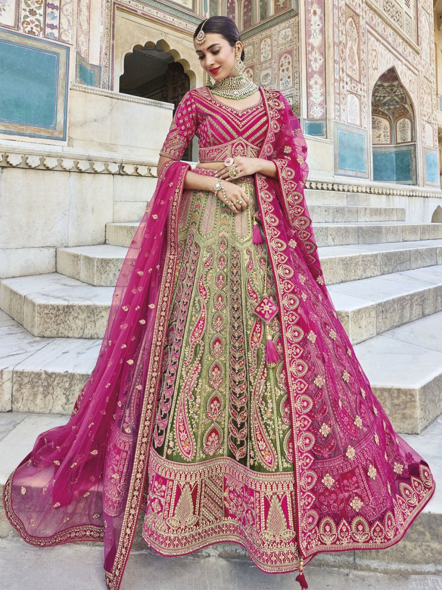 Green and Pink Velvet Embroidered Lehenga Choli - Inddus.com