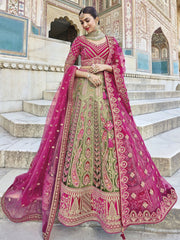 Green and Pink Velvet Embroidered Lehenga Choli - Inddus.com