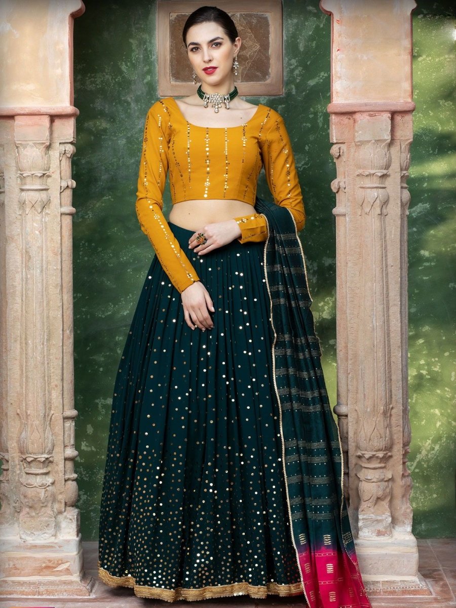 Green and Yellow Georgette Embroidered Lehenga Choli - inddus-us