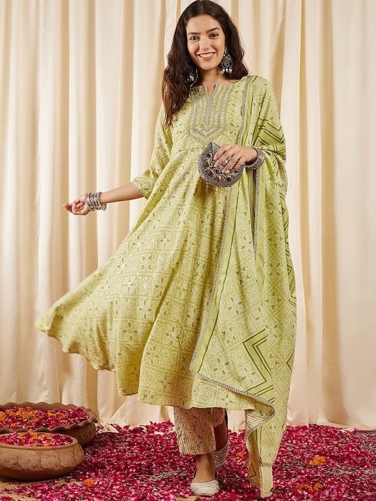 Green Bandhani Printed Panelled Zari Kurta With Trousers & Dupatta - Inddus.com