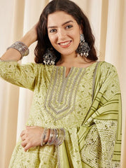 Green Bandhani Printed Panelled Zari Kurta With Trousers & Dupatta - Inddus.com