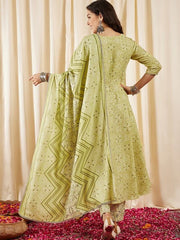 Green Bandhani Printed Panelled Zari Kurta With Trousers & Dupatta - Inddus.com