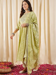 Green Bandhani Printed Panelled Zari Kurta With Trousers & Dupatta - Inddus.com