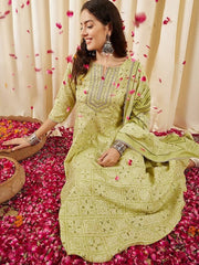 Green Bandhani Printed Panelled Zari Kurta With Trousers & Dupatta - Inddus.com