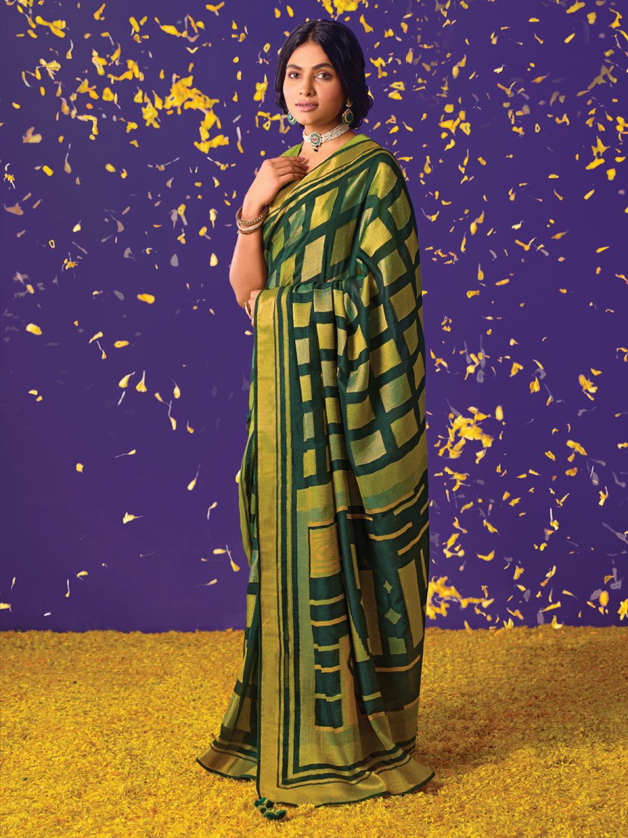 Green Brasso Embroidered Saree - Inddus.com