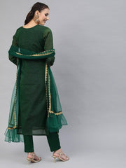 Green Chanderi Cotton Embroidered Kurta Pant Dupatta Set - Inddus.com