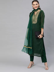 Green Chanderi Cotton Embroidered Kurta Pant Dupatta Set - Inddus.com
