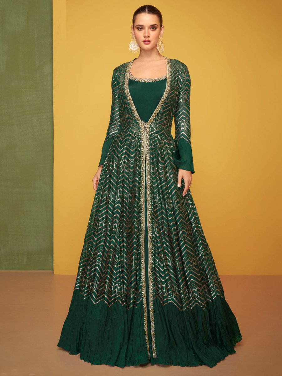 Green Chinon Partywear Jacket-Style-Suit - Inddus.com
