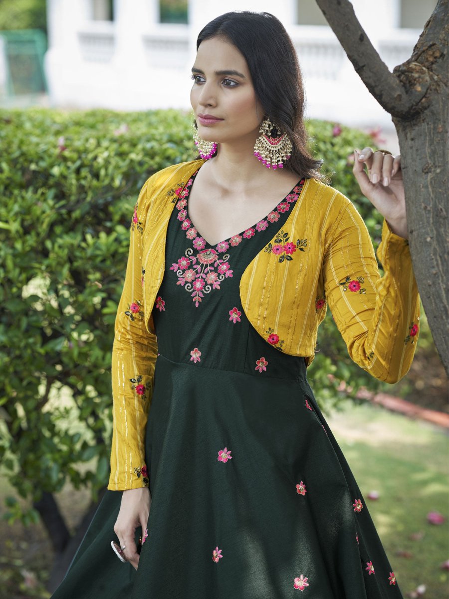 Green Cotton Partywear Gown - Inddus.com