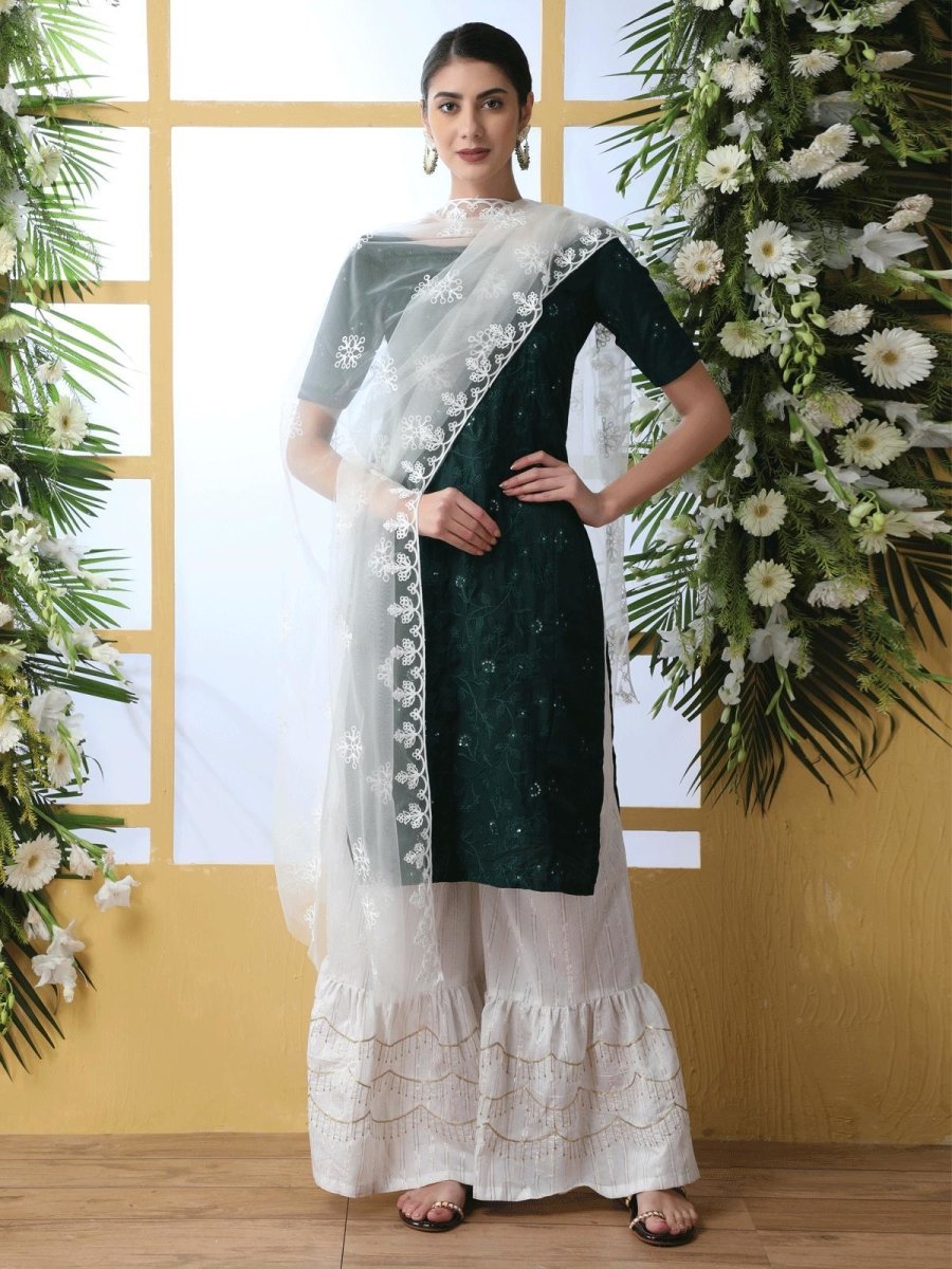 Green Cotton Traditional Embroidered Gharara - inddus-us