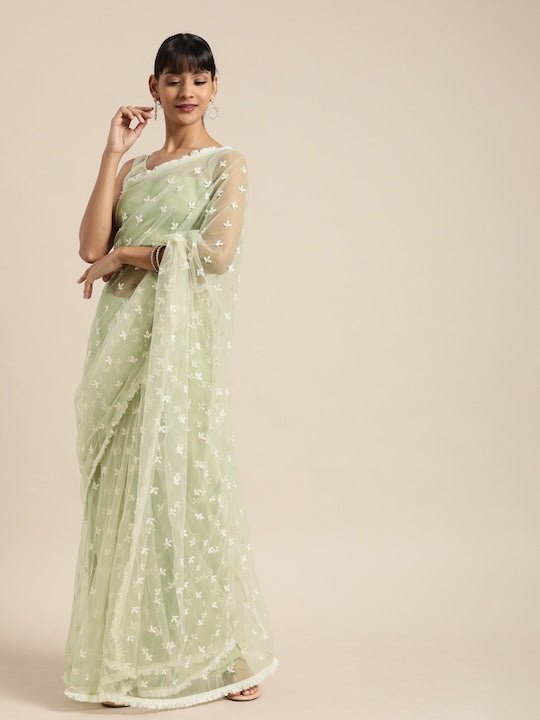 Green Embellished Net Saree - Inddus.com