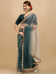 Green Embellished Net Saree - Inddus.com